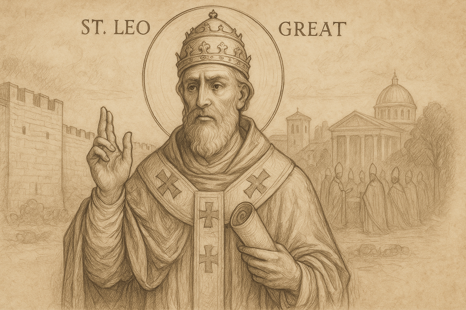 Sketch-style depiction of St. Leo the Great in papal vestments standing before ancient Rome with a manuscript scroll