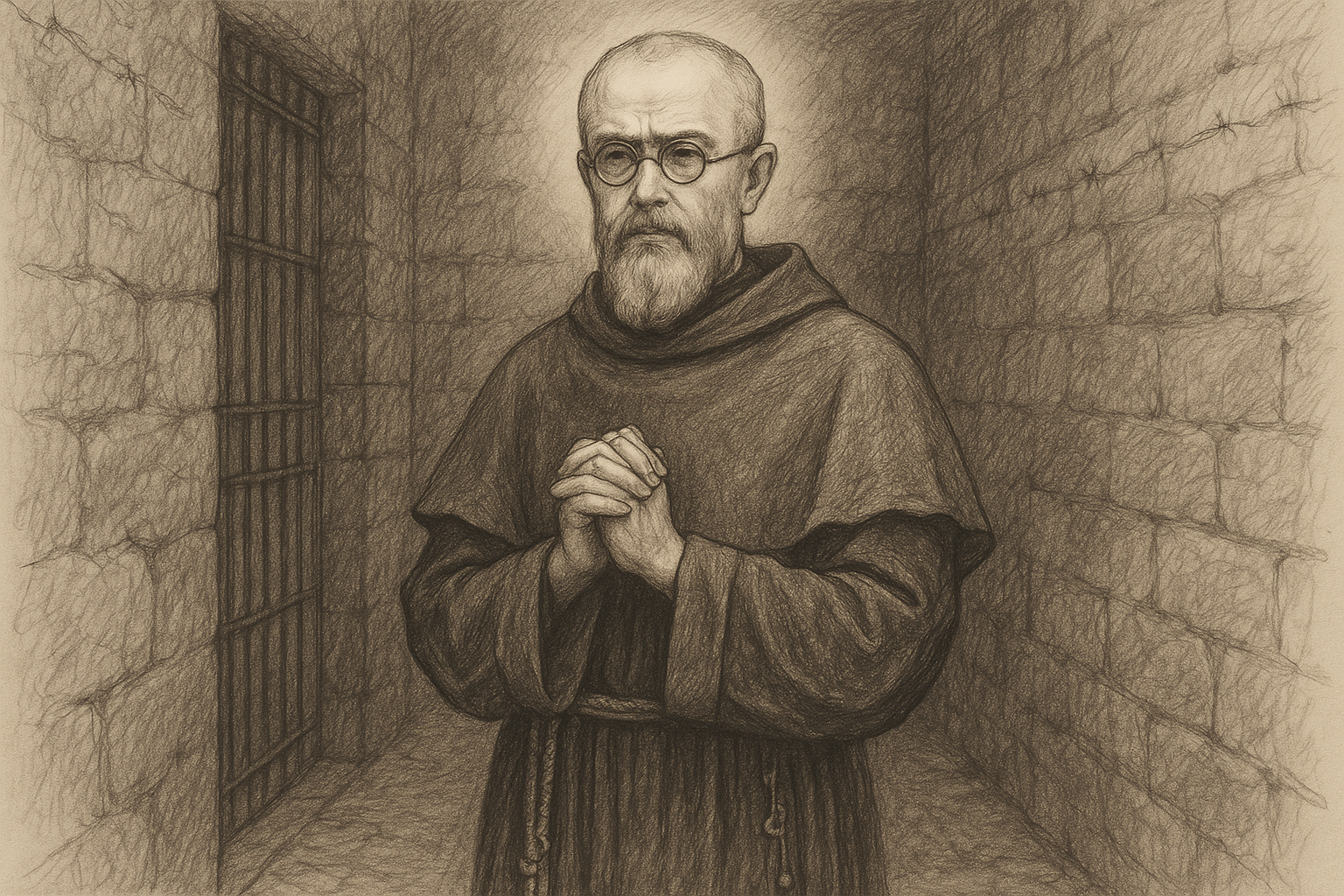 Sketch-style depiction of St. Maximilian Kolbe in a prison corridor with a prayerful expression