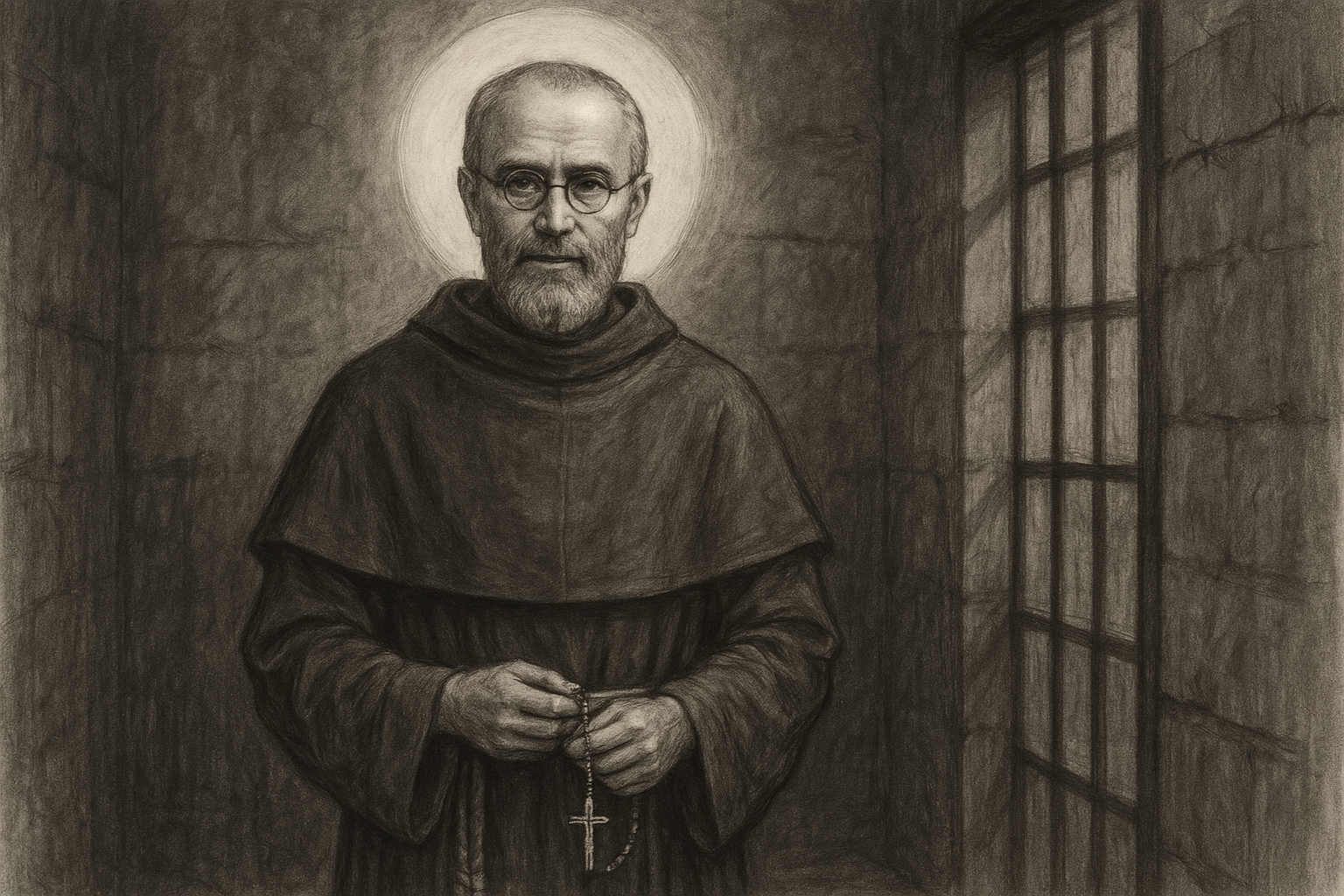 Sketch-style sacred portrait of St. Maximilian Kolbe in a prison cell with rosary and soft light