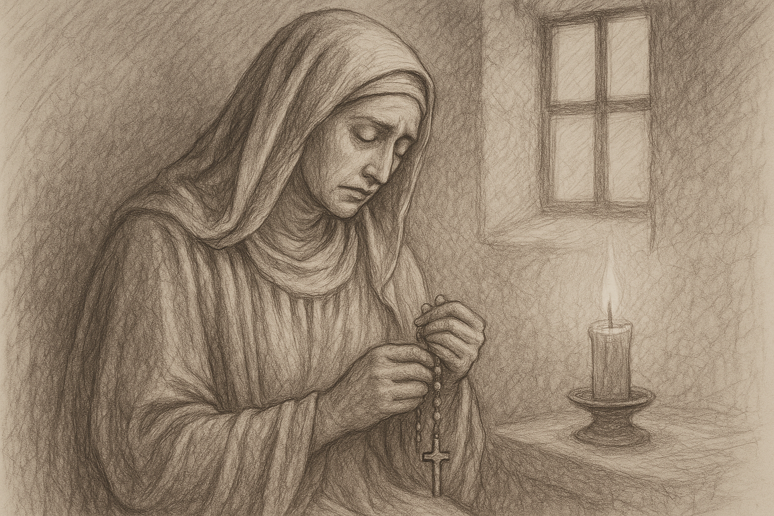 Sketch-style image of St. Monica praying with a rosary in a reverent candlelit setting