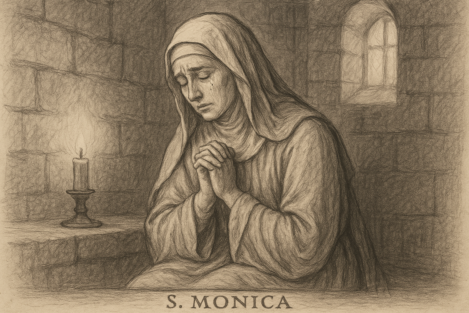Sketch-style image of St. Monica in prayer with a peaceful, reverent expression
