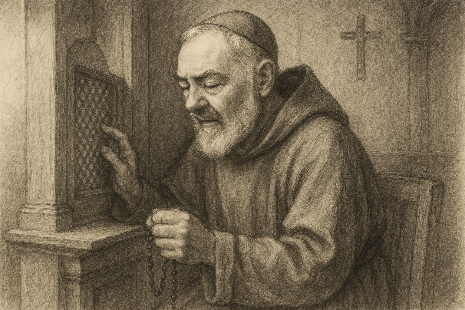 Sketch-style reverent image of St. Padre Pio praying in a chapel with a rosary