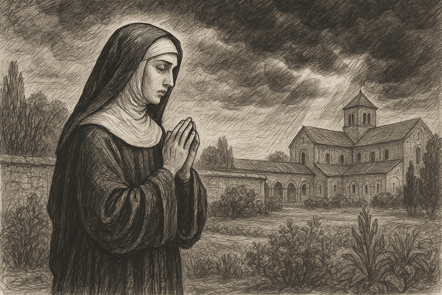 Sketch-style image of St. Scholastica in prayer near a monastery with storm clouds gathering