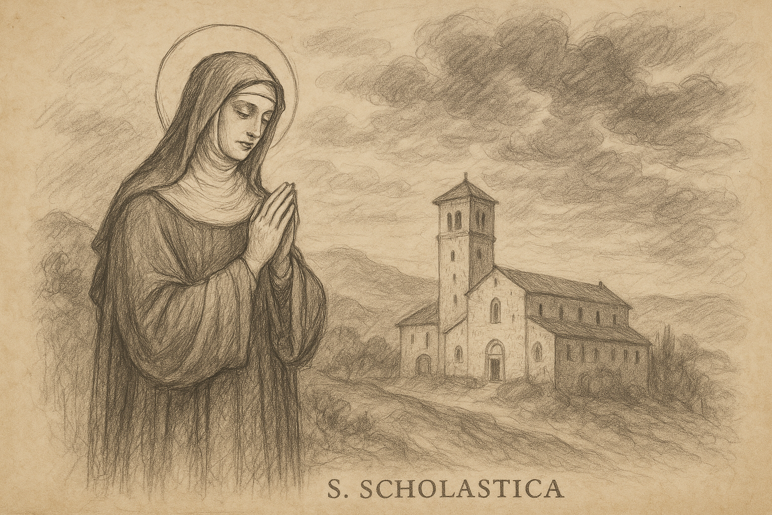 Sketch-style illustration of St. Scholastica praying near a monastery as a storm gathers