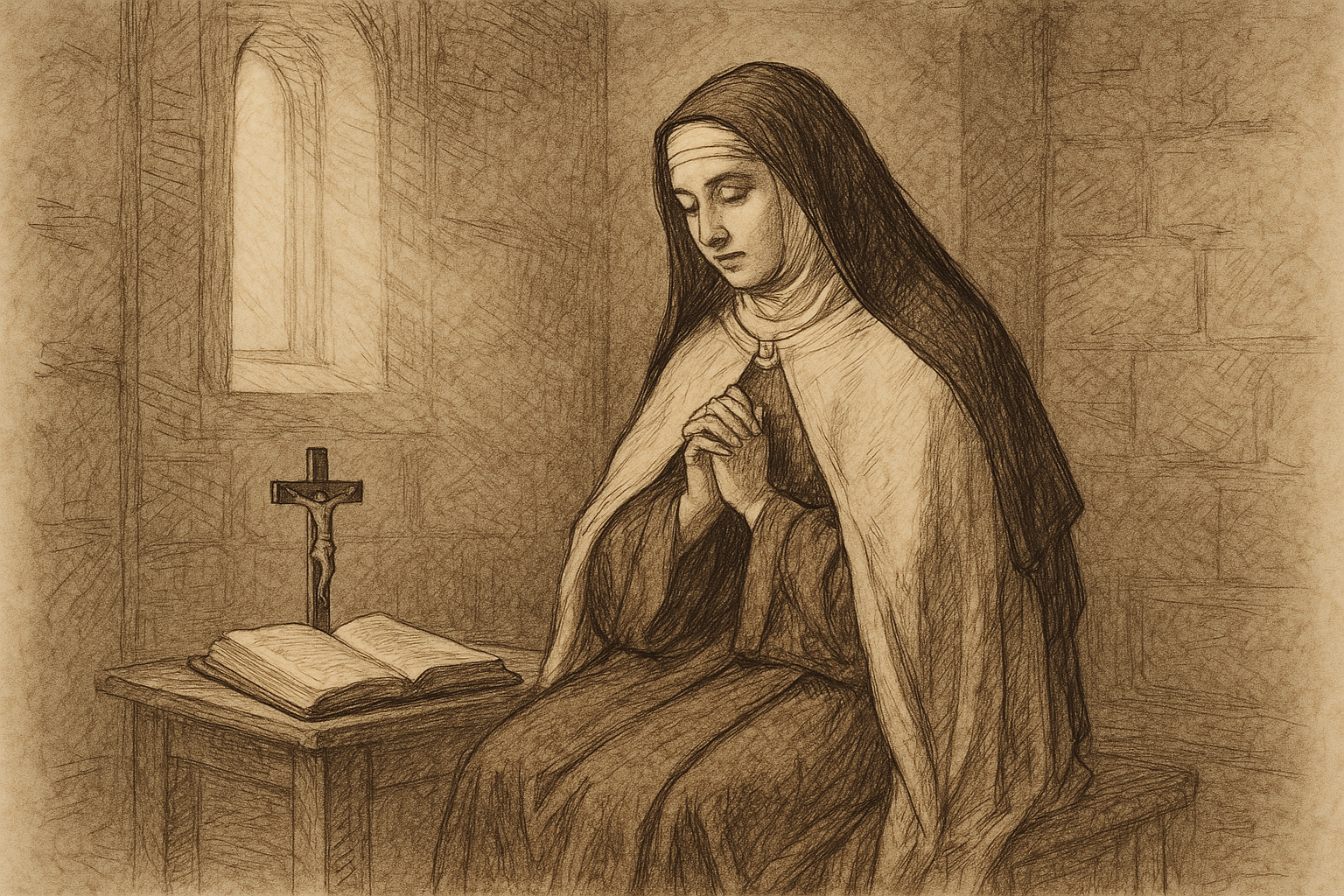 Sketch-style image of St. Teresa of Avila in prayer beside an open book and crucifix