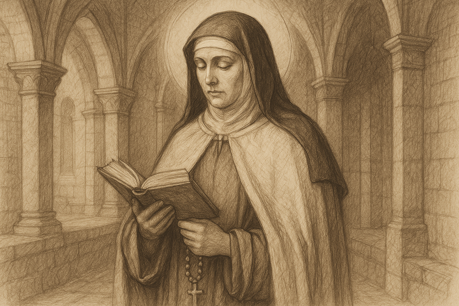 Sketch-style sacred portrait of St. Teresa of Avila in prayer with a book and rosary in a Carmelite setting