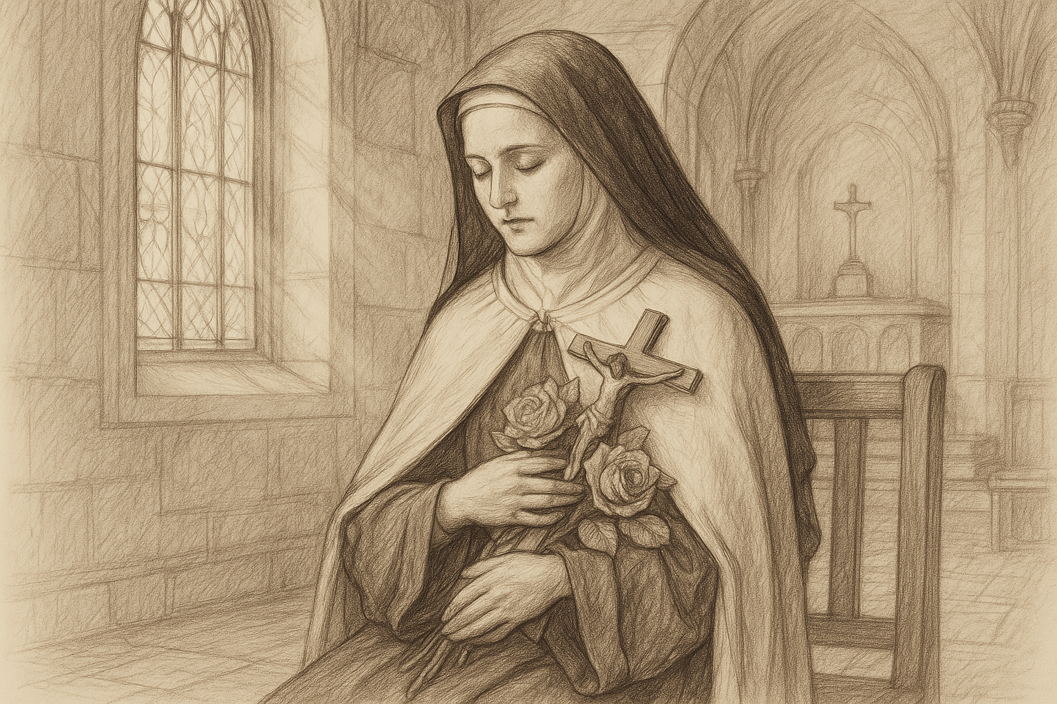 Sketch-style image of St. Therese of Lisieux in prayer with roses and a crucifix inside a chapel