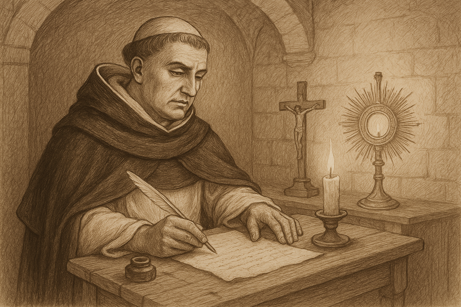 Sketch-style image of St. Thomas Aquinas praying and writing beside a crucifix and Eucharistic monstrance