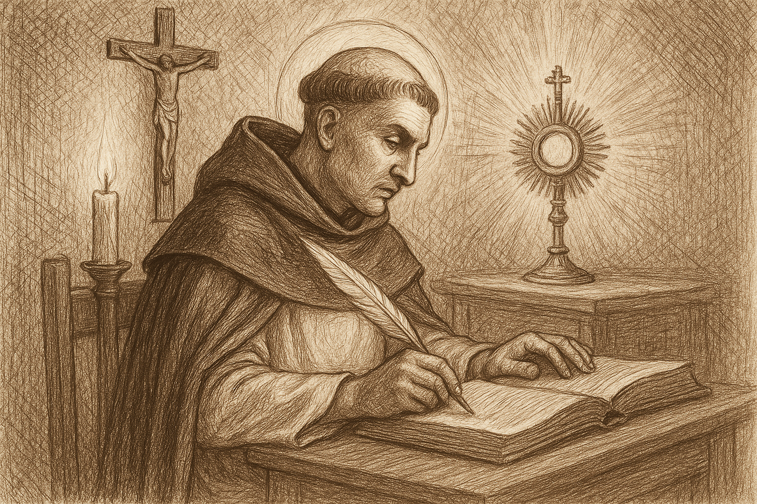 Sketch-style image of St. Thomas Aquinas praying and studying with sacred symbols in a reverent Catholic setting