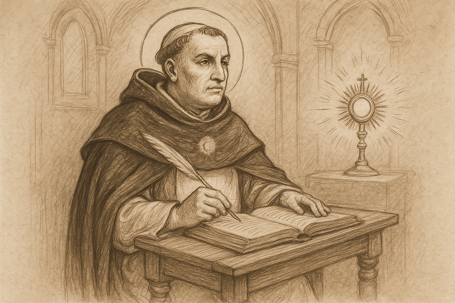 Sketch-style image of St. Thomas Aquinas writing in prayerful contemplation in a chapel