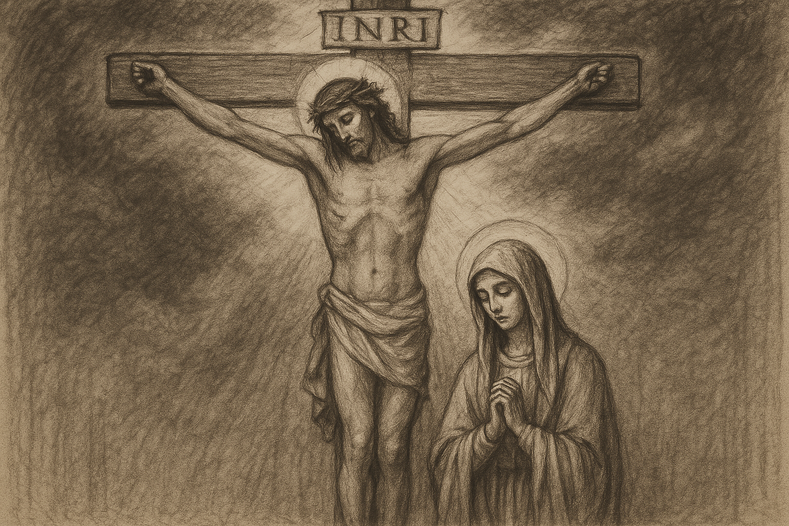 Sketch-style sacred image of the Blessed Virgin Mary standing at the foot of the Cross