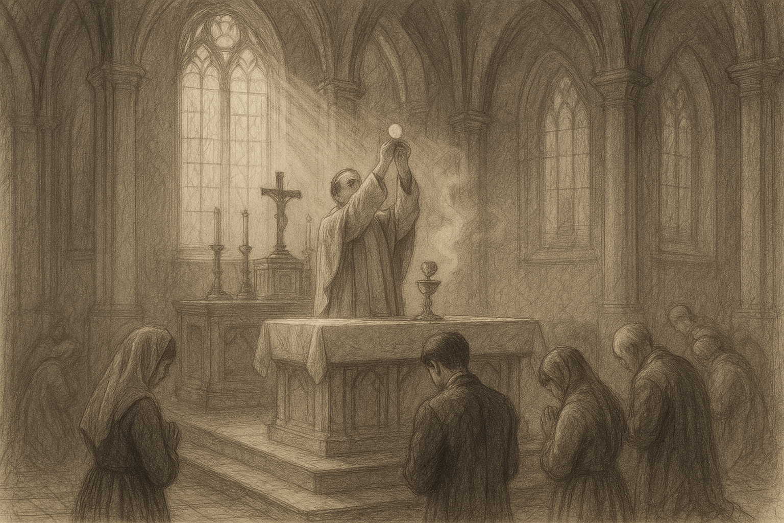 Reverent sketch of a Sunday Catholic Mass with the Eucharist elevated at the altar