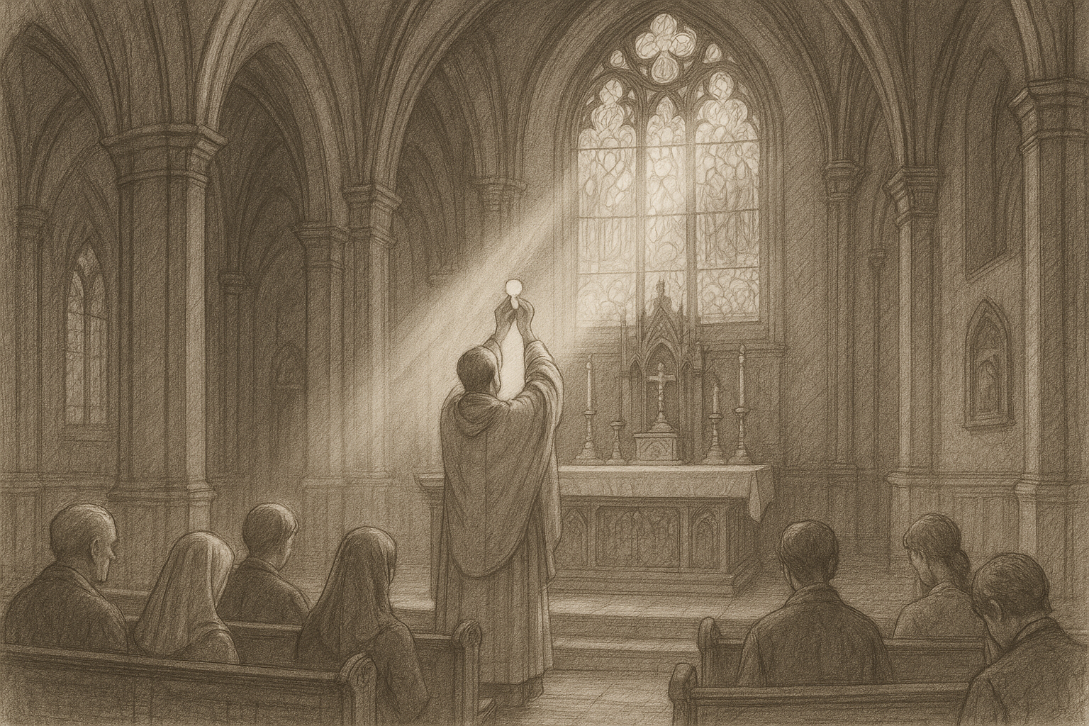 Sketch-style scene of a Sunday Catholic Mass with the priest elevating the Eucharist before the congregation