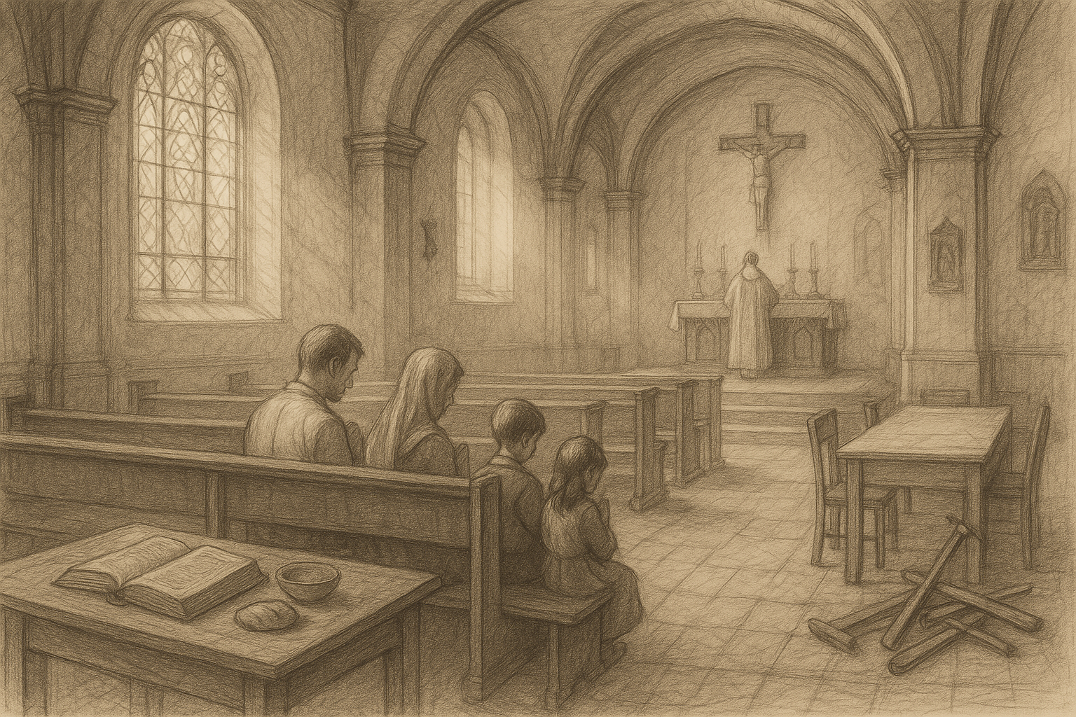 A Catholic family in a quiet church on Sunday morning, reflecting Sabbath rest and worship.