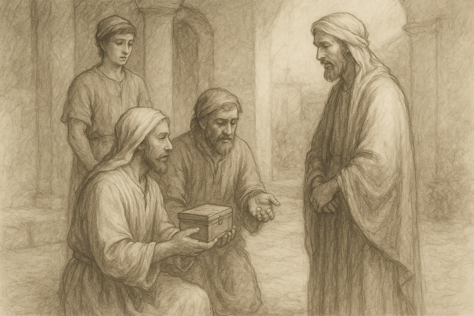Sketch-style biblical scene of the parable of the talents with servants and a master in an ancient courtyard