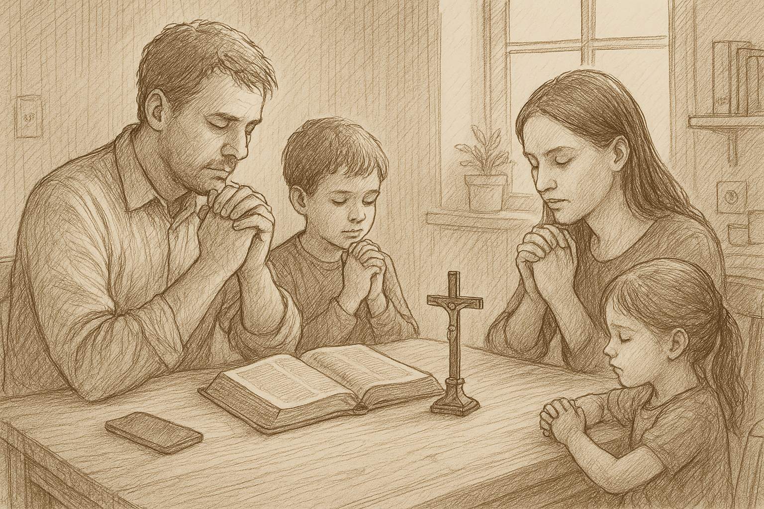 A Catholic family discerning technology with prayer, Scripture, and a crucifix on the table