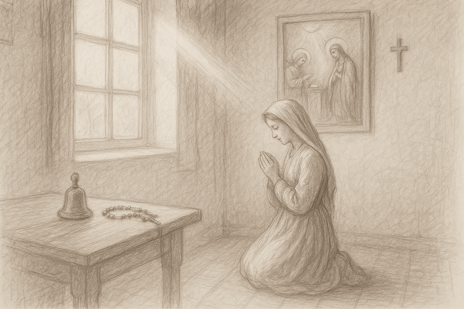 Sketch-style devotional scene of a Catholic praying the Angelus at home with a bell, rosary, and a quiet Annunciation-inspired light