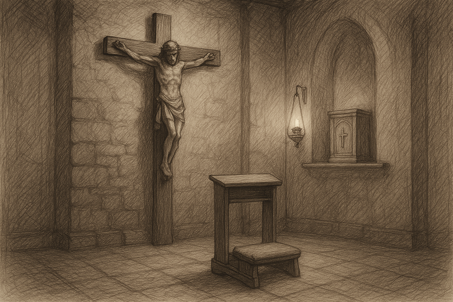 A sketch-style Catholic crucifix in a quiet chapel with soft sacred lighting