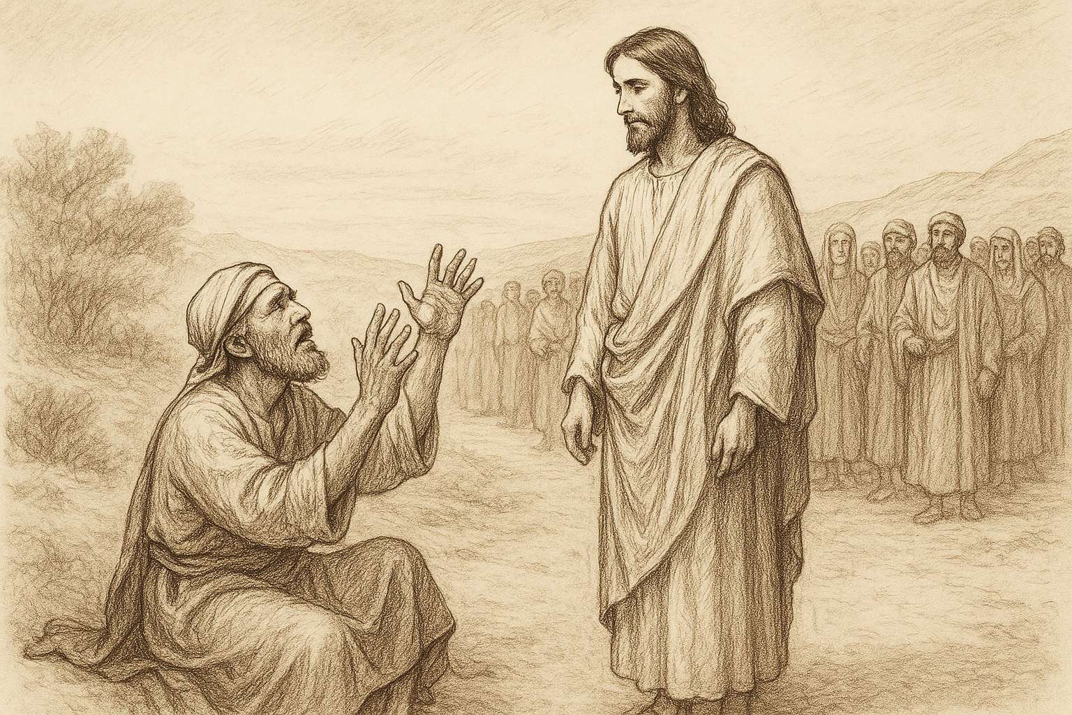 Sketch-style biblical scene of Bartimaeus calling out to Jesus on the road to Jericho