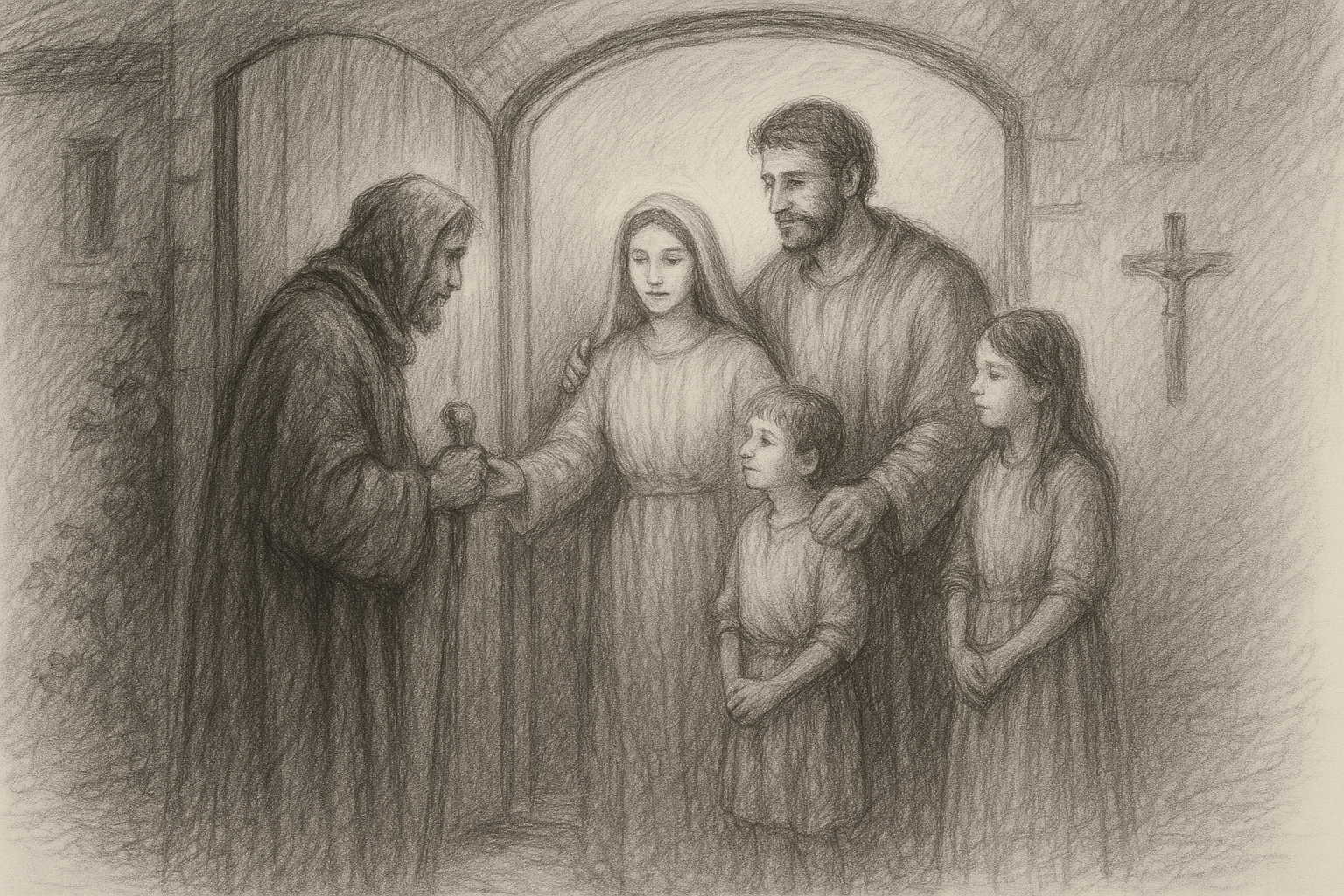 A Catholic home and parish doorway opened wide in a reverent sketch-style scene of hospitality toward the vulnerable
