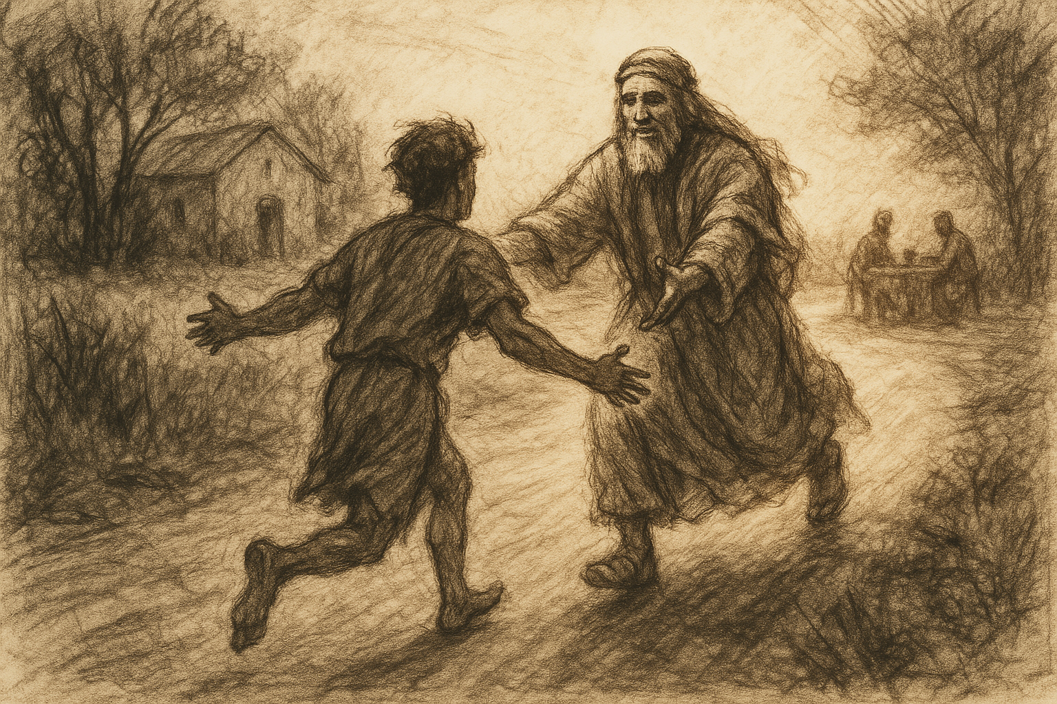Sketch-style scene of the father embracing the returning son in the parable of the Prodigal Son