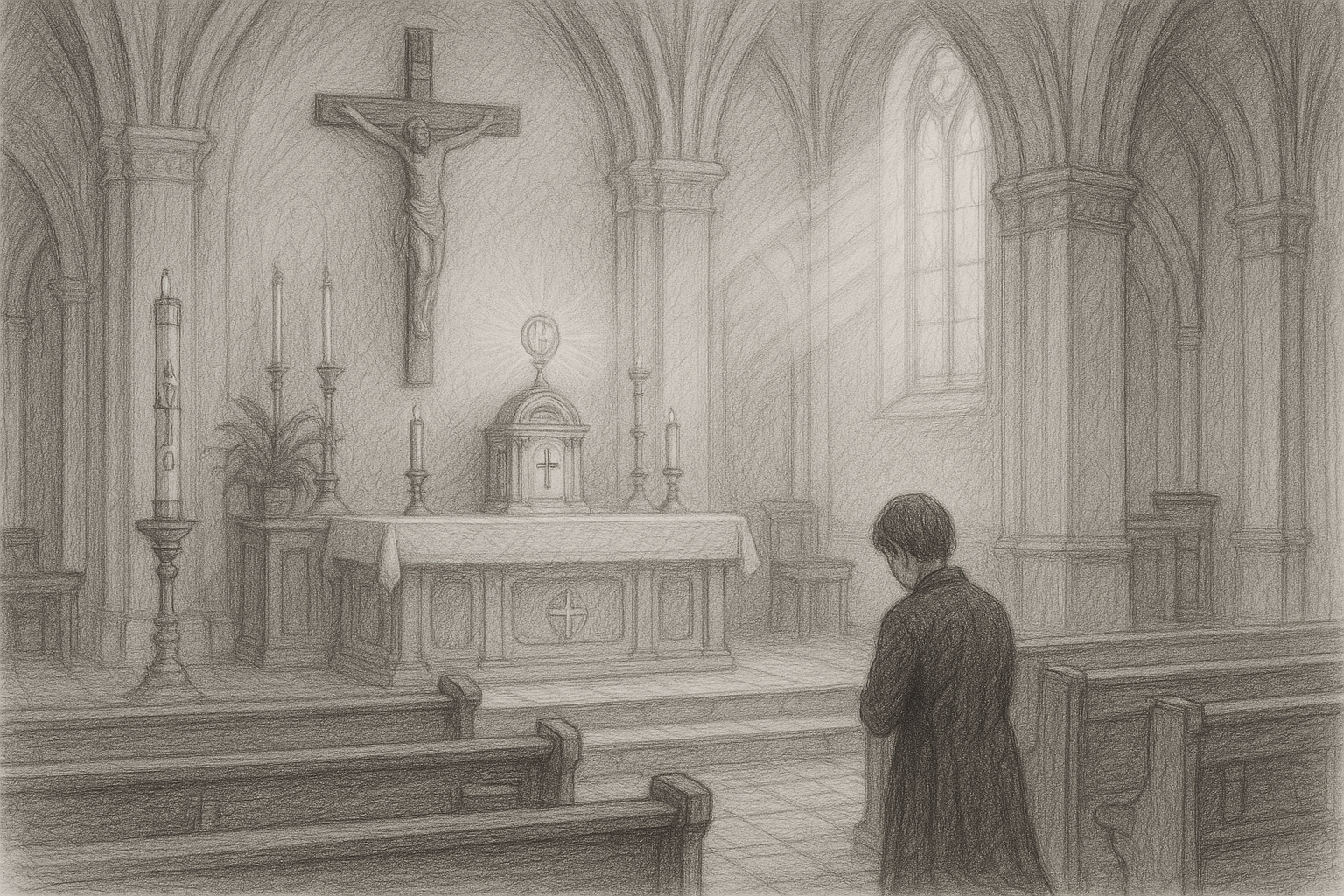 A Catholic parishioner kneeling in quiet thanksgiving after Mass in a reverent church interior