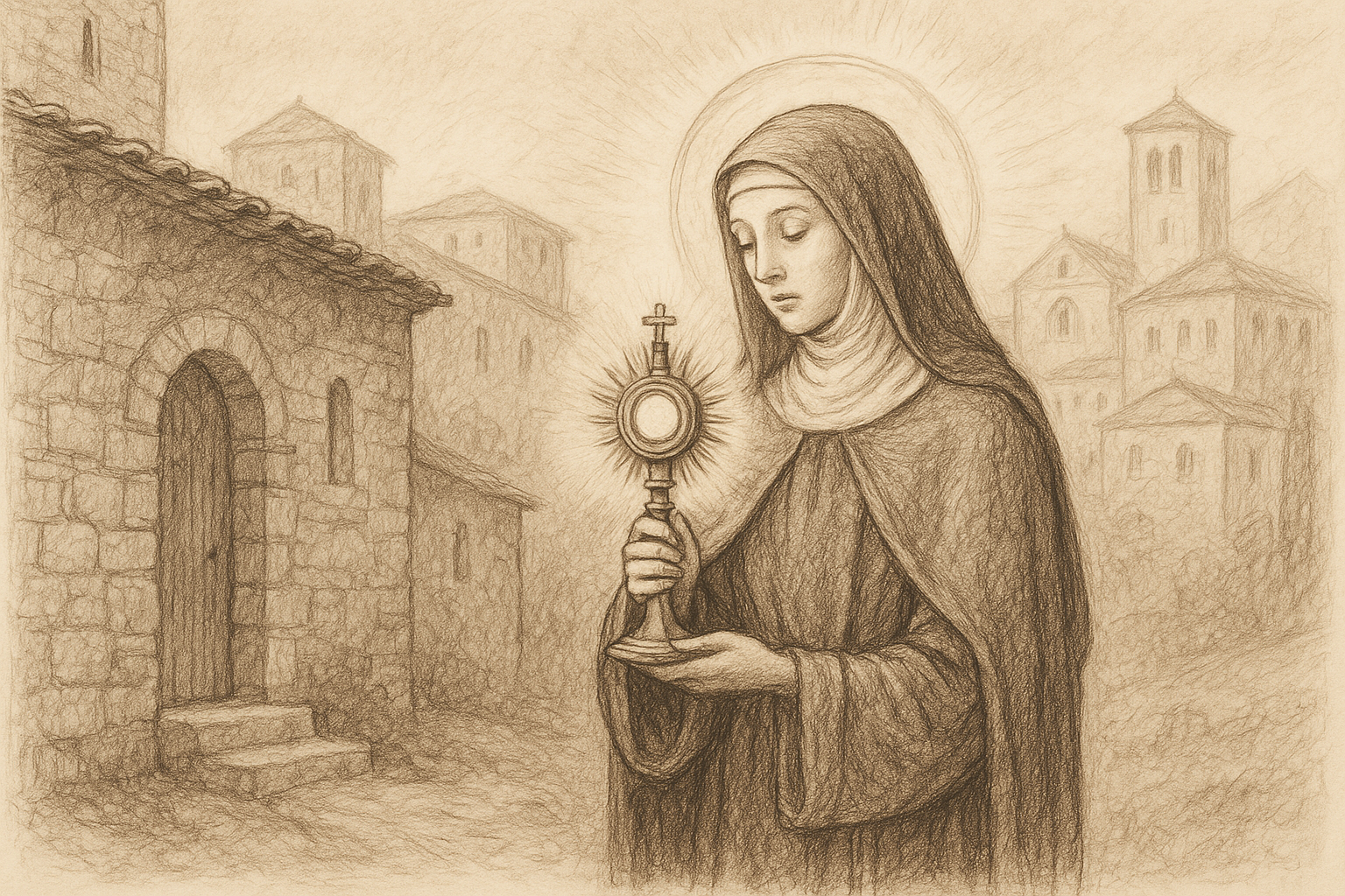Reverent sketch of St. Clare of Assisi in prayer before the Blessed Sacrament