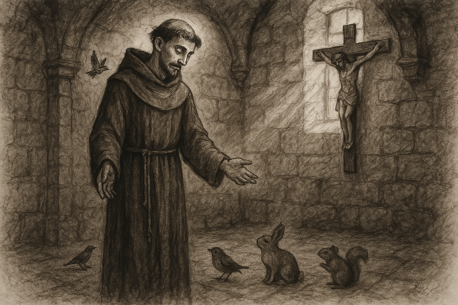 Sketch-style illustration of St. Francis of Assisi in a humble chapel with a crucifix and birds nearby