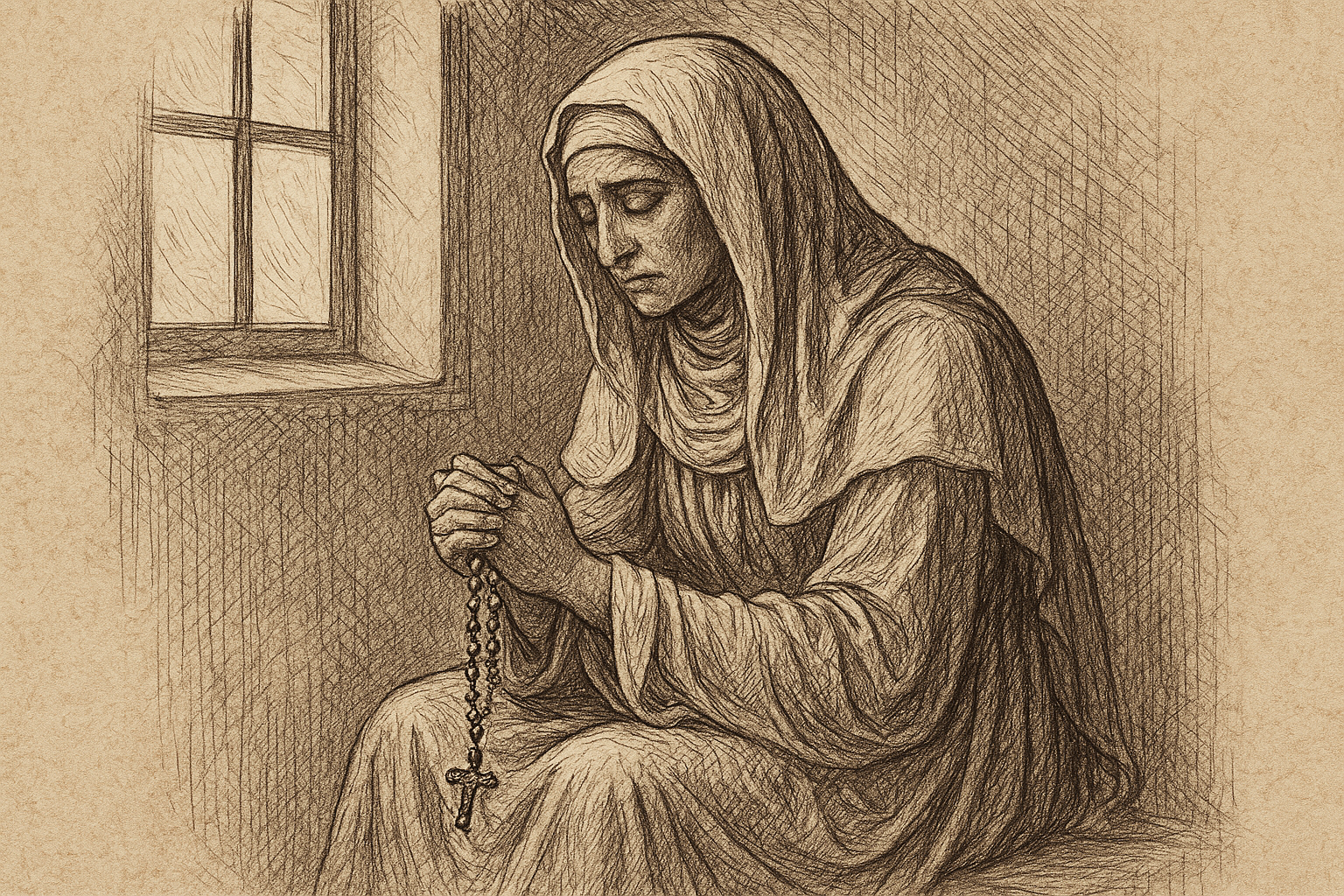 Sketch-style sacred depiction of St. Monica praying with a rosary in a quiet, reverent setting