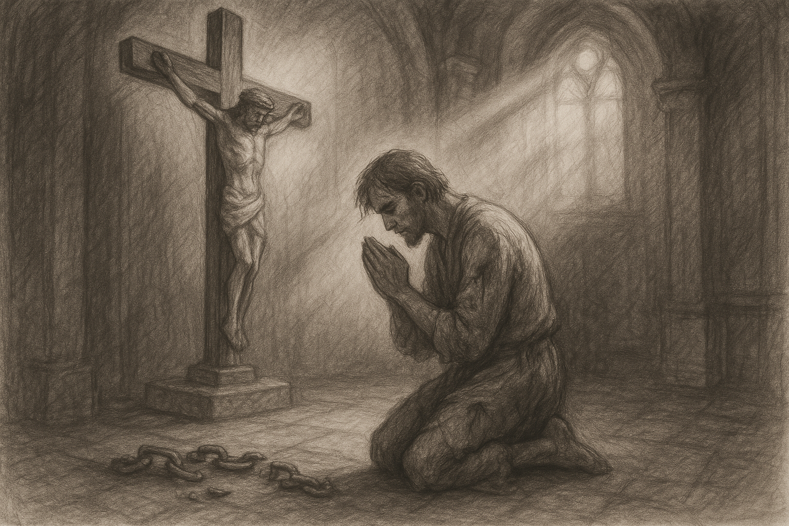 A wounded person praying in a quiet chapel beside a crucifix