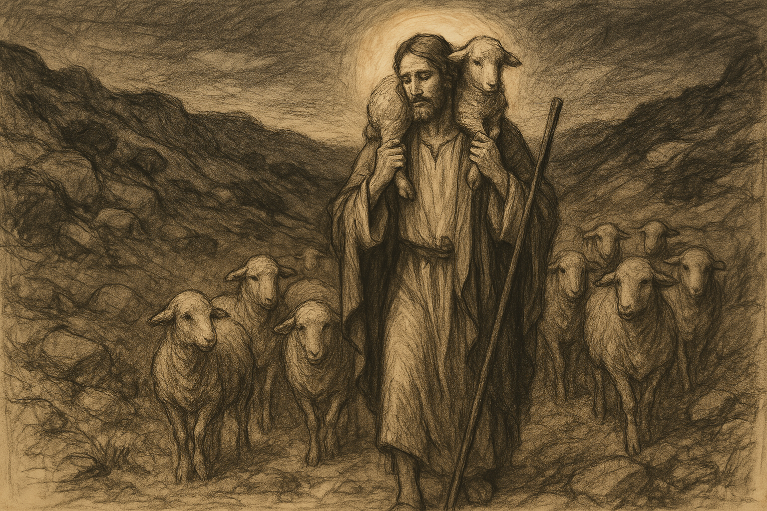 Sketch-style image of Christ the Good Shepherd carrying a lost sheep home