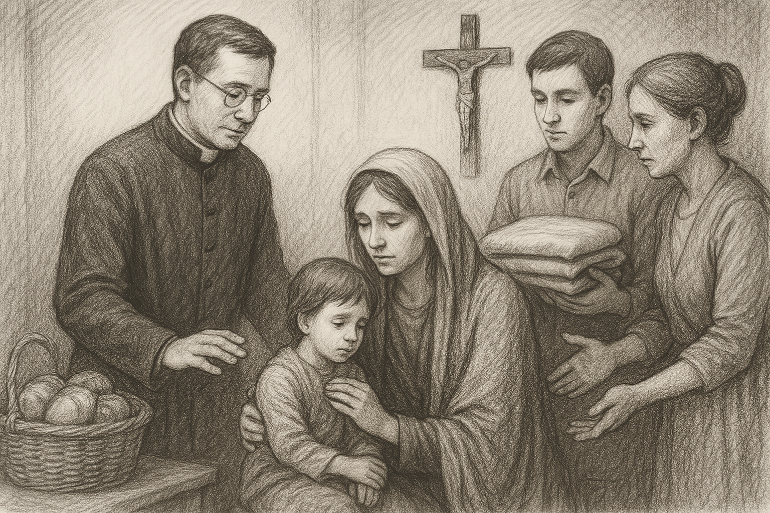 Sketch-style image of Catholics serving the poor with reverence in a parish setting
