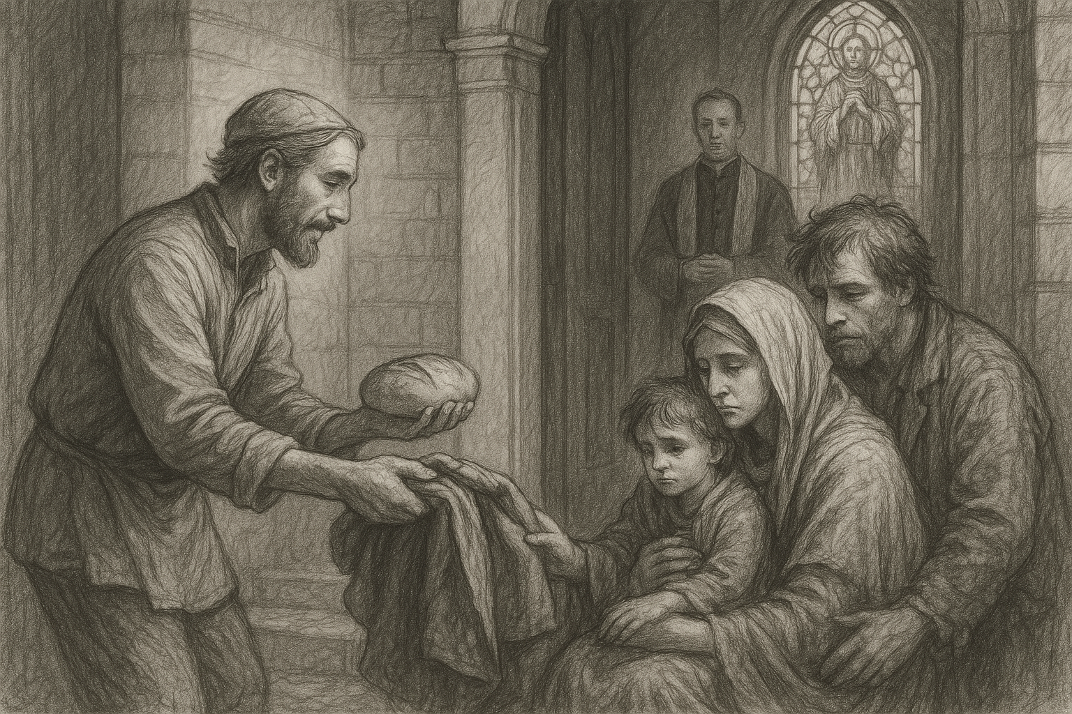 Sketch-style image of a Catholic parish volunteer offering bread and clothing to a poor family at church
