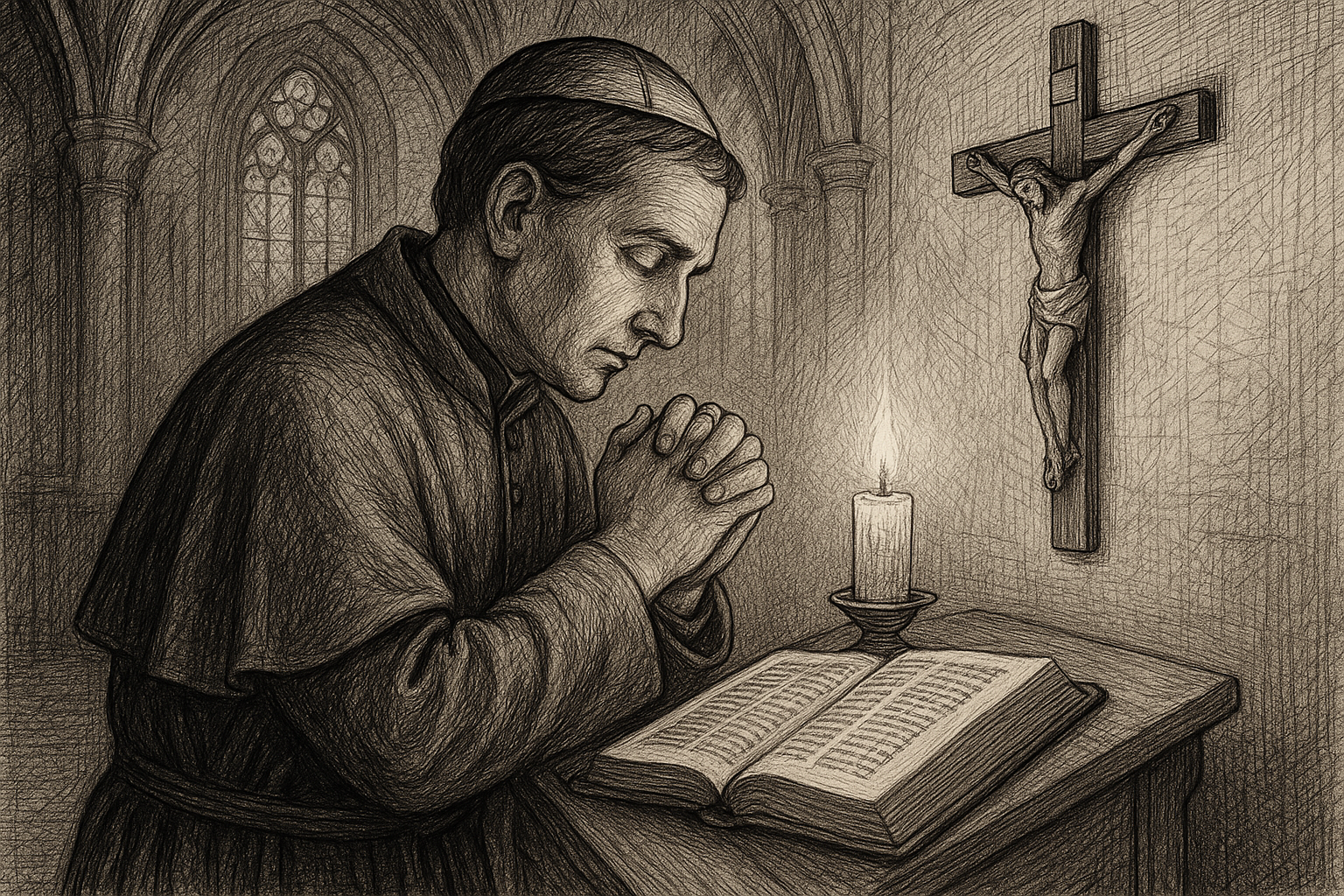 A Catholic praying with an open Psalter beside a crucifix in a quiet church setting
