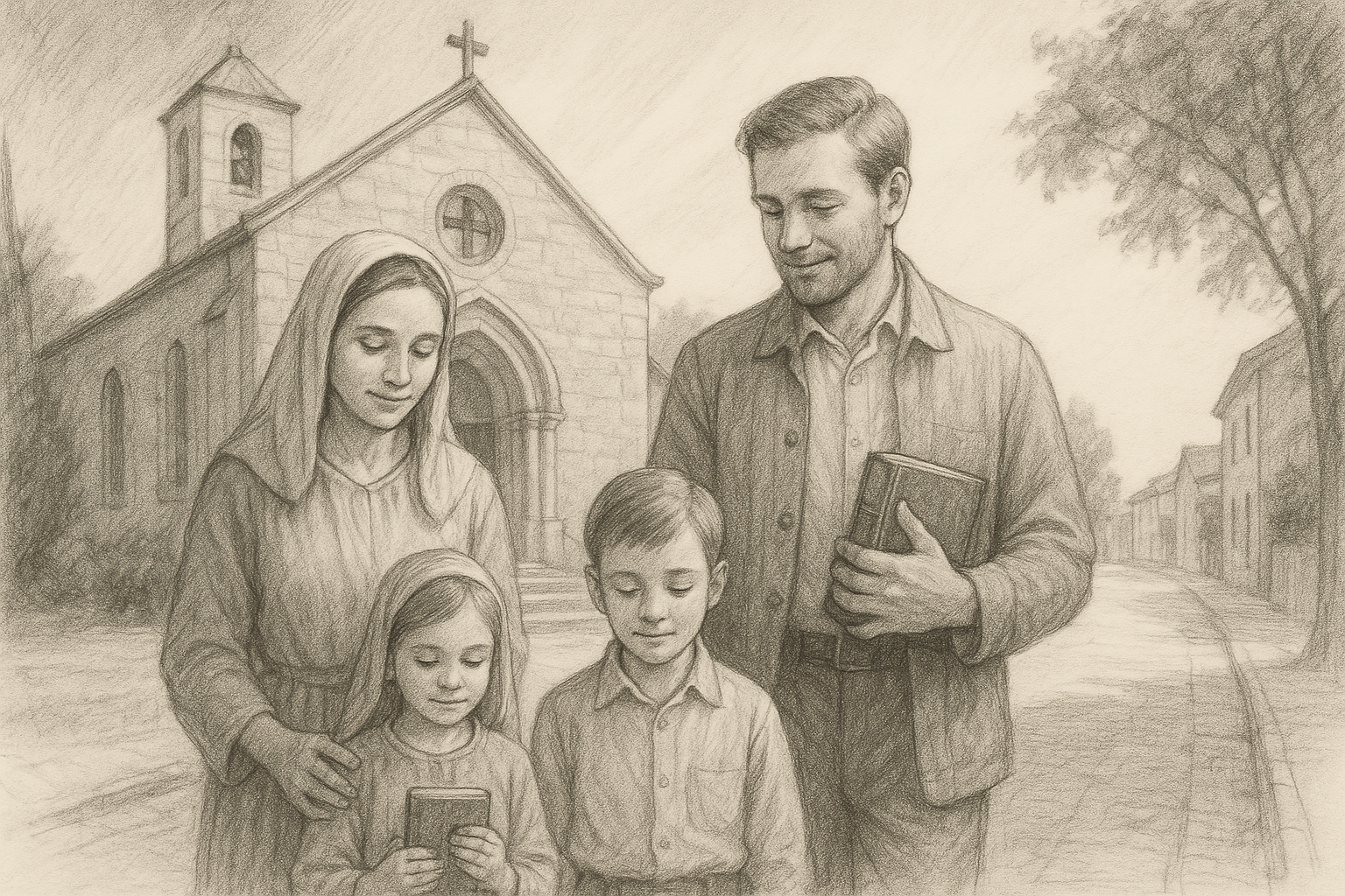 A Catholic family leaving church after Sunday Mass in a peaceful sketch-style scene