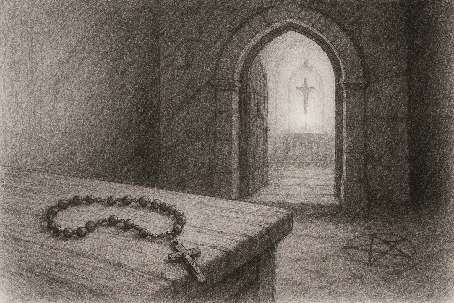 A reverent sketch of a chapel doorway with a rosary and an abandoned occult object outside