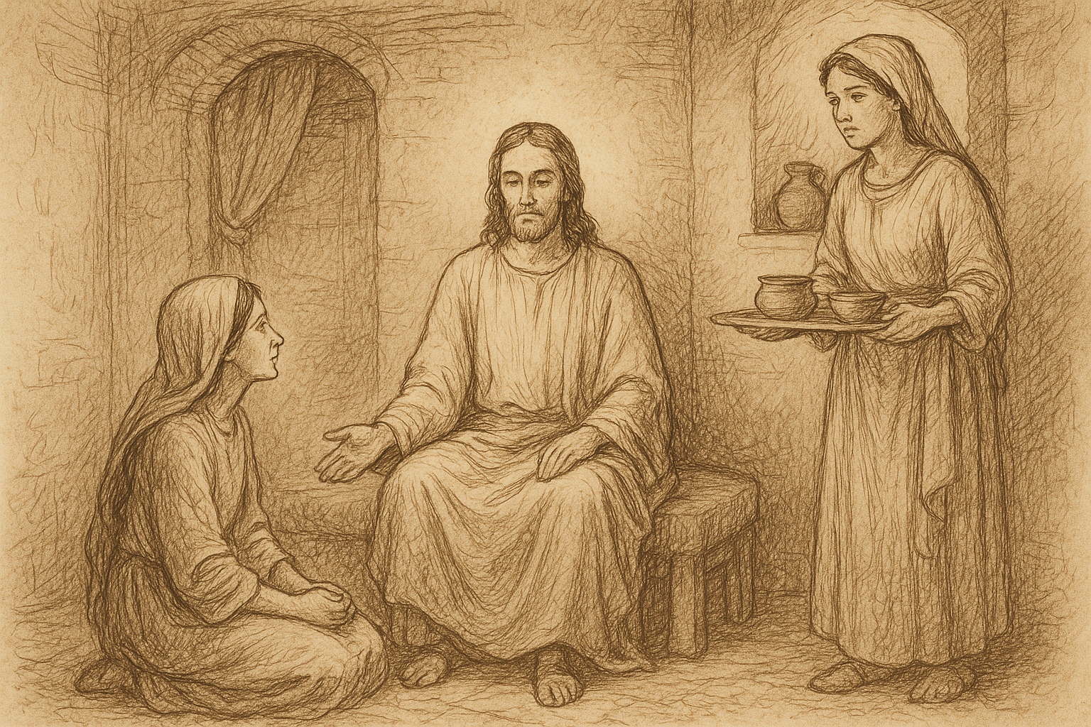 Sketch-style depiction of Martha and Mary of Bethany with Jesus in a reverent home setting