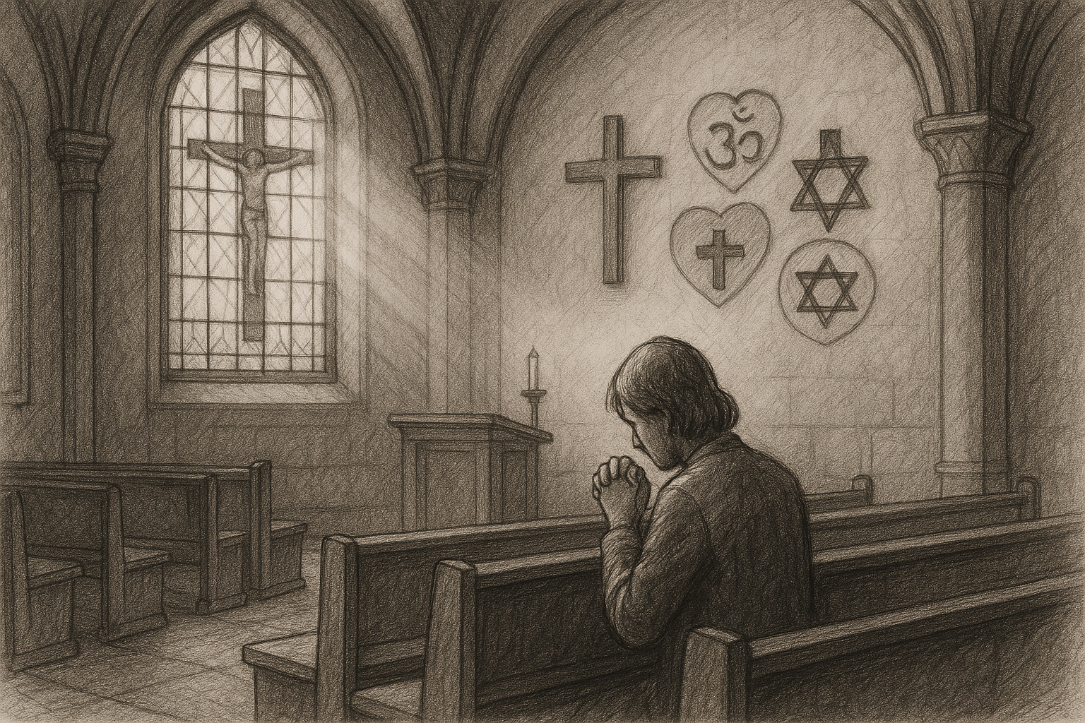 A reverent sketch of a person praying in a church interior with soft light and a solemn atmosphere