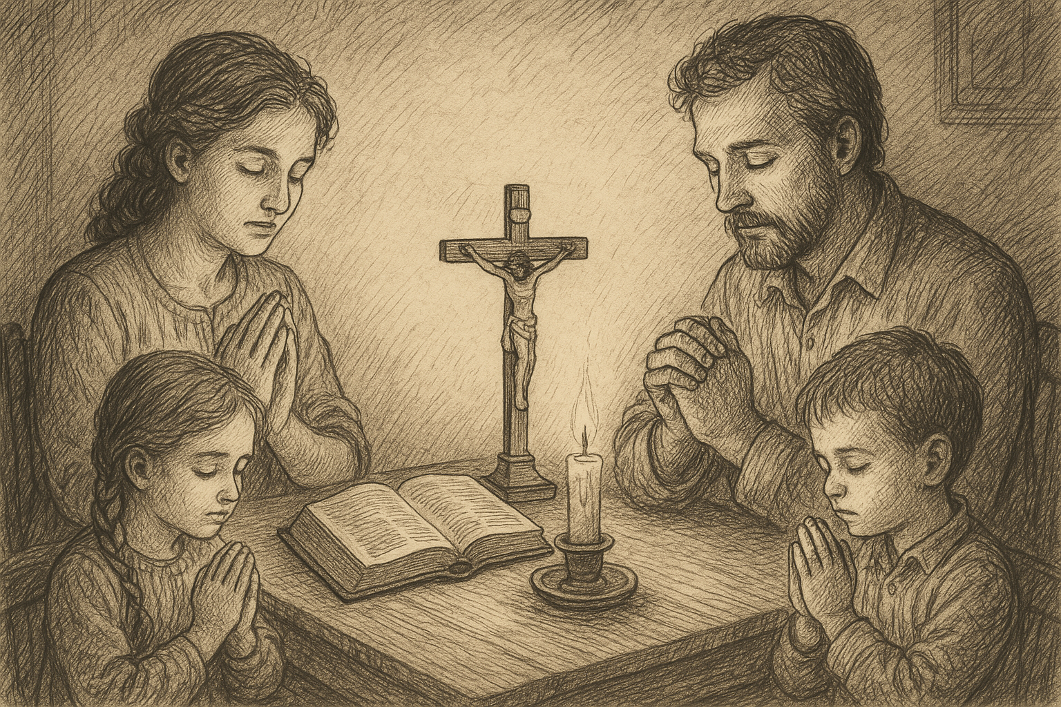 Catholic family praying together at home with a Bible and crucifix