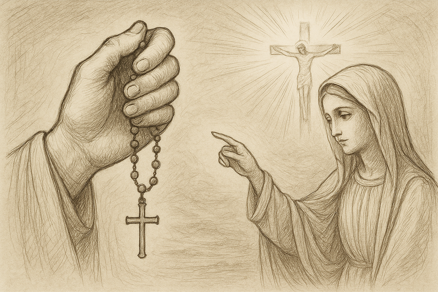 Sketch-style image of Rosary beads in a prayerful Catholic setting with Mary pointing toward Christ