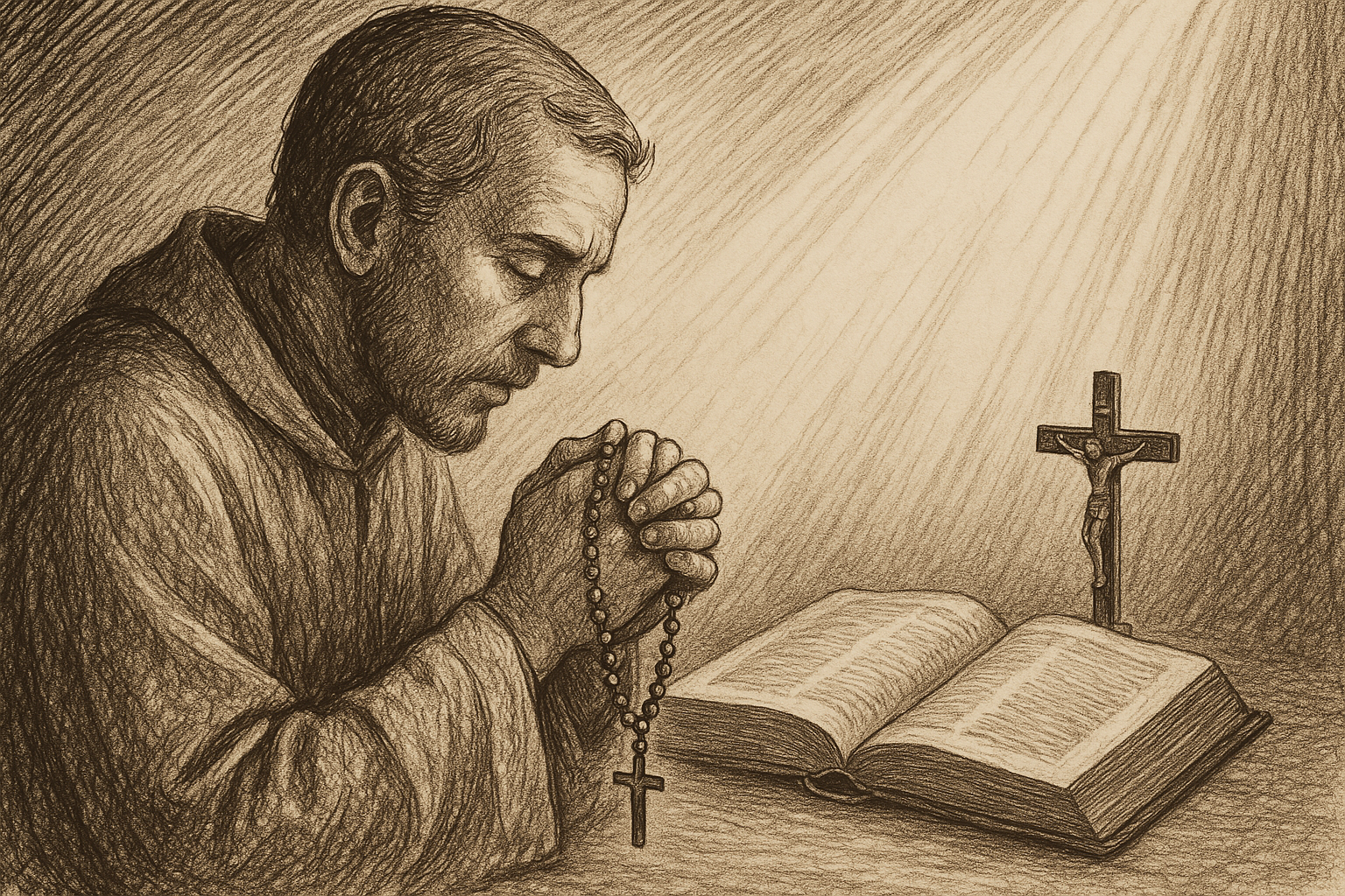 A Catholic praying the Rosary beside a Bible and crucifix in a quiet sacred setting
