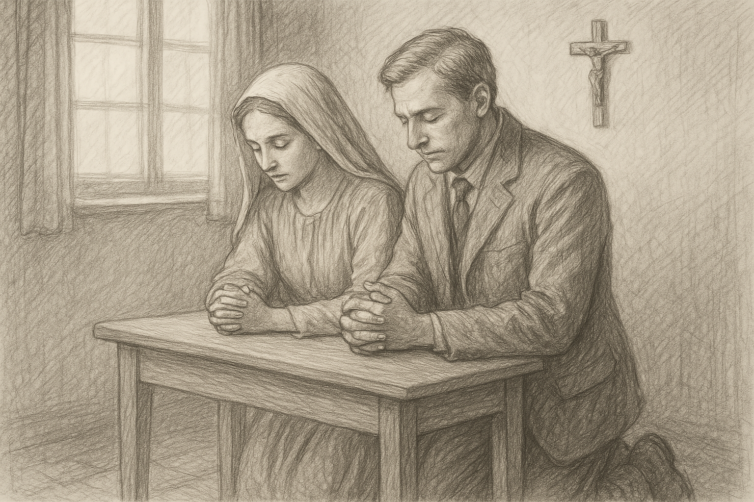 A Catholic married couple kneeling in prayer in a quiet home with a crucifix on the wall