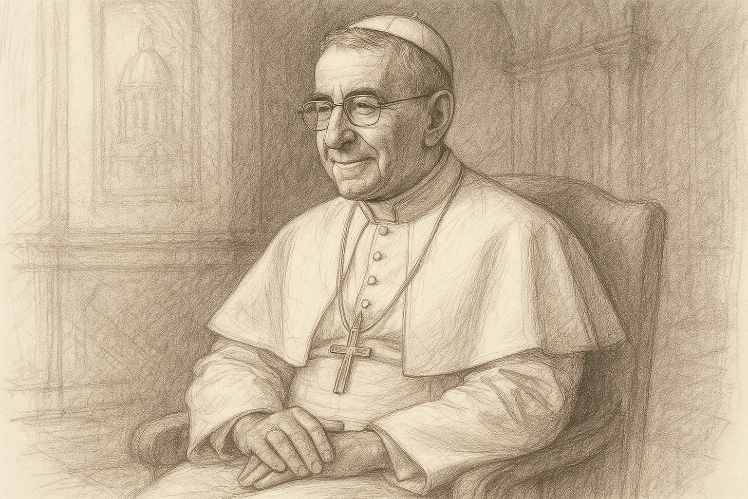 Sketch-style portrait of Pope John Paul I with a gentle expression in a reverent Vatican setting