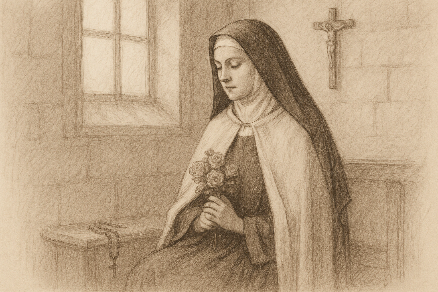 Reverent sketch of St. Therese of Lisieux in prayer with roses in a Carmelite chapel