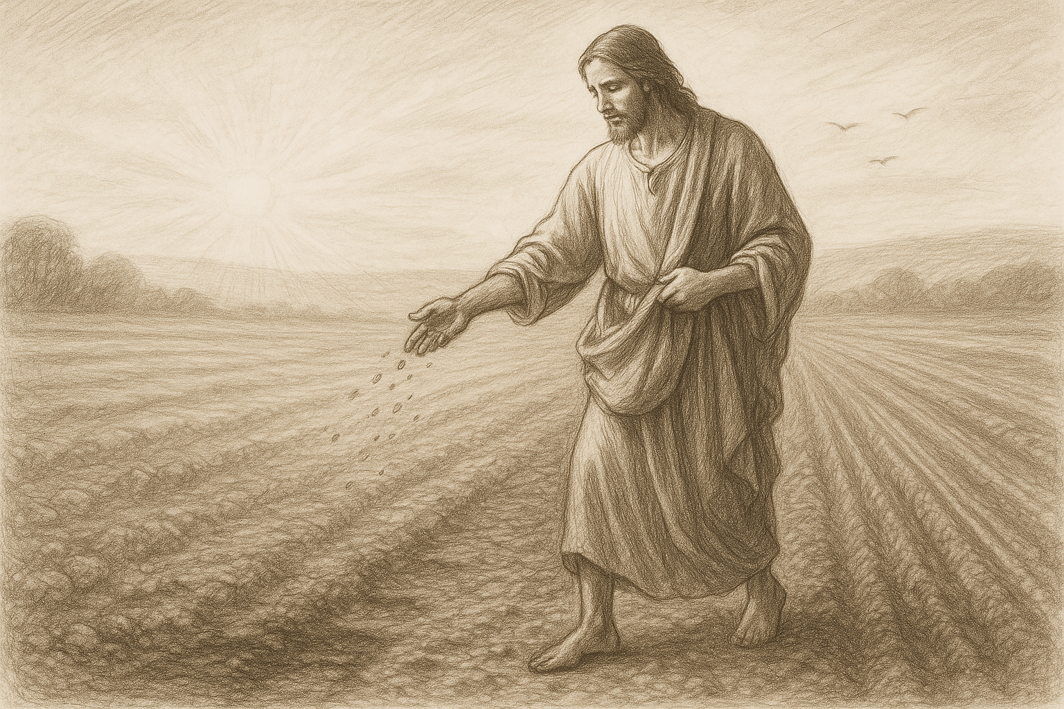 Sketch-style depiction of Jesus sowing seed in a quiet biblical field at dawn