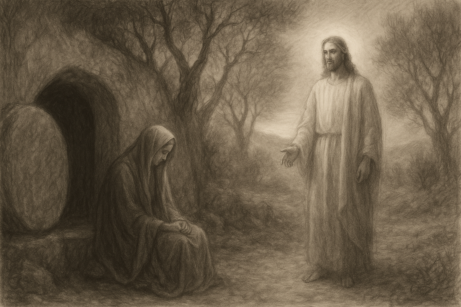 Mary Magdalene stands in mourning at the empty tomb as the risen Jesus speaks her name at dawn