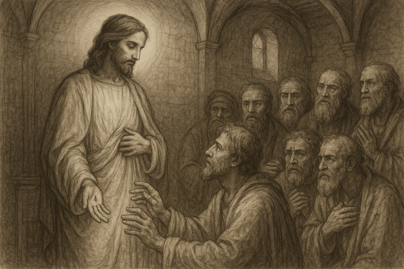 Sketch-style illustration of the risen Christ appearing to St. Thomas in the Upper Room