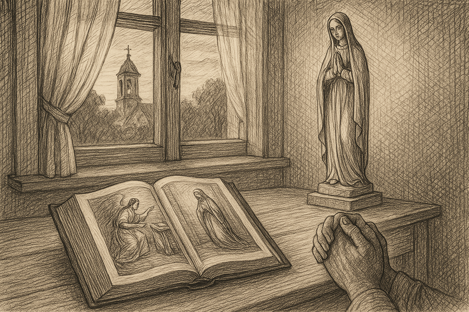 Sketch-style sacred scene of the Angelus prayer with an open Bible, a Marian statue, and church bells at dawn