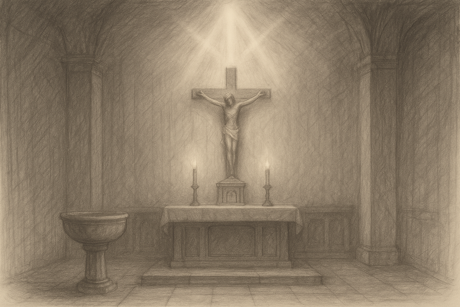 Sketch-style sacred image suggesting the Trinity above a parish altar and baptismal font