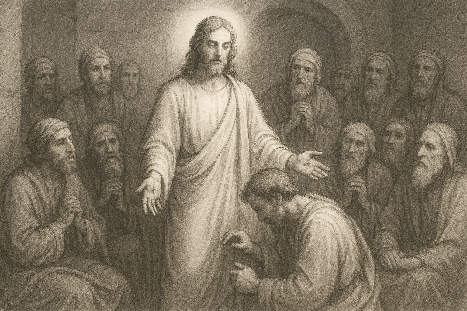 Sketch-style devotional scene of the risen Christ showing his wounds to St. Thomas and the apostles